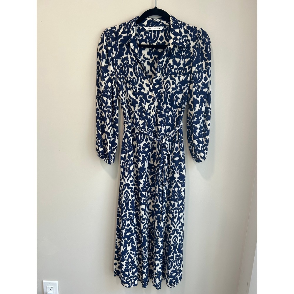 Zara Blue White Damask Printed Midi Maxi Shirt Dress Small Tie Waist Boho Resort - Picture 2 of 8